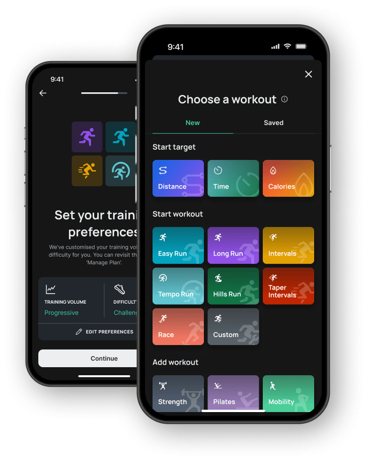 Runna app workout selection screen showing training plan options