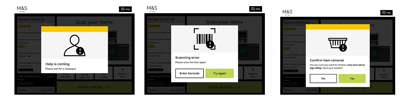 Three self-checkout error states: help is coming, scanning error, and confirm item removal